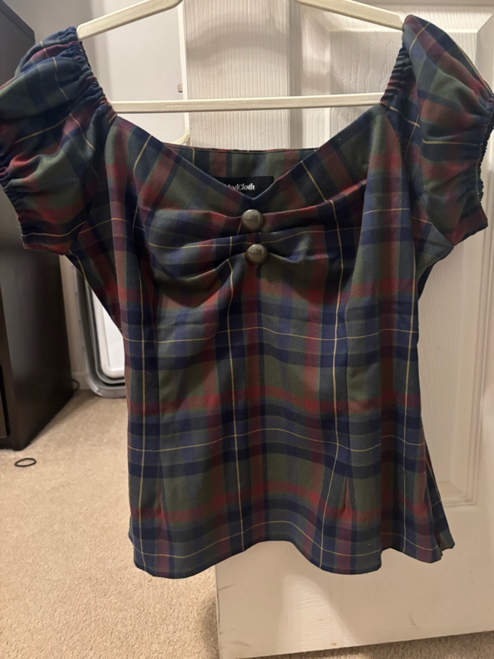 ModCloth Plaid Puff-Sleeve Sweetheart Top